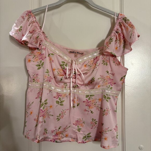 Pink Satin Floral Cap-Sleeved Summer Top - Picture 1 of 3